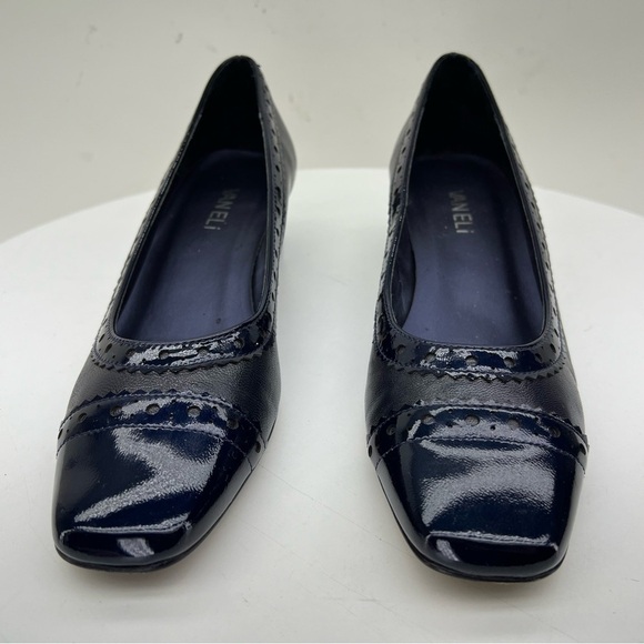 Vaneli Heels Pumps Block Low Heel Square Cap Toe Navy Blue Leather Retro Date - Picture 4 of 15